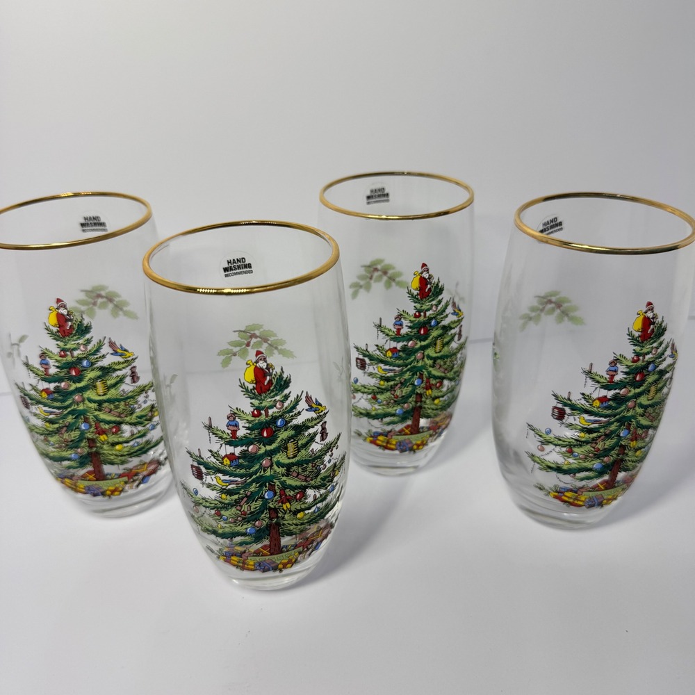Spode Christmas Tree 6" Holiday Glass Tumblers 16oz Gold Rim Set of 4 with Box - Picture 2 of 11
